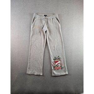 Ed Hardy Sweatpants Womens Medium Gray Skull Heart Rose Logo Wide Leg Y2K Tattoo